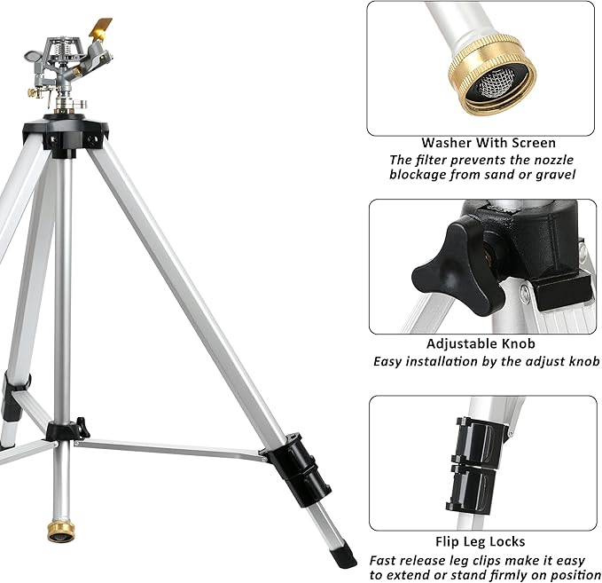 STYDDI Heavy Duty Impact Sprinkler on Tripod Base, Extra Tall Metal Pulsating Telescoping Tripod Sprinkler for Large Area, Yard, Lawn, Garden, Waters up to 90 Ft. Diameter, Legs Extends Up to 50-inch