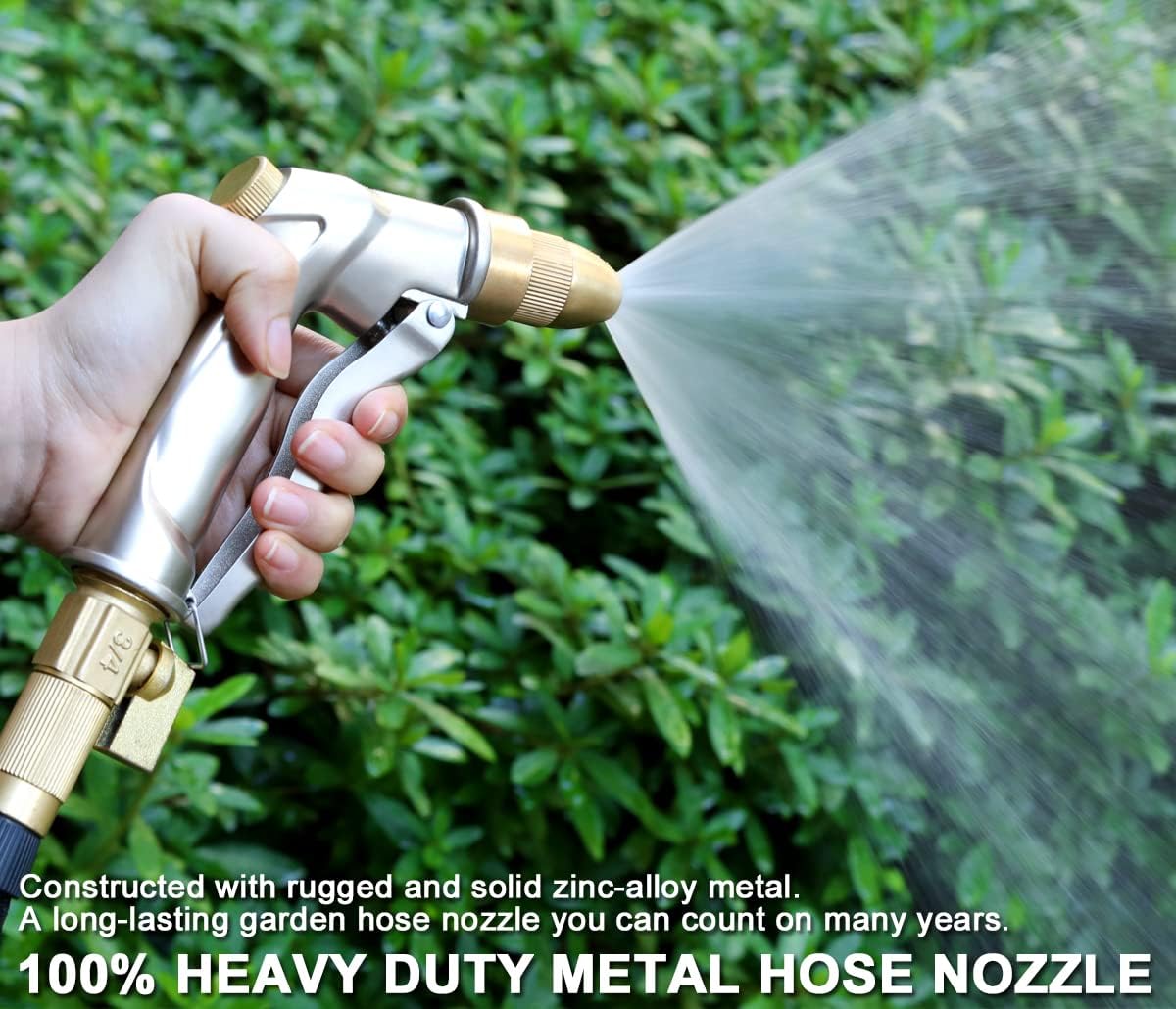 ESOW Heavy Duty Metal Garden Hose Nozzle, High Pressure Water Hose Nozzle with 4 Spray Patterns Rotating, Ideal for Outdoor Lawn & Garden Watering, Car & Pet Washing, Silver