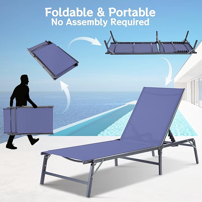 Outdoor Chaise Lounge Chair, Foldable & Assemble-Free, 6 Adjustable Positions, Durable Rust-Resistant Frame, Portable Outdoor Pool Lounge Chairs for Pool Patio Beach, Blue