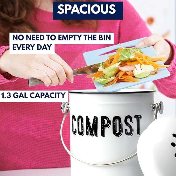 Granrosi Countertop Compost Bin Kitchen - 1.3 Gal Indoor Compost Bucket with Lid for Kitchen; Farmhouse Rust Proof & Odorless Composter Bin for Countertop; 3 Charcoal Filters