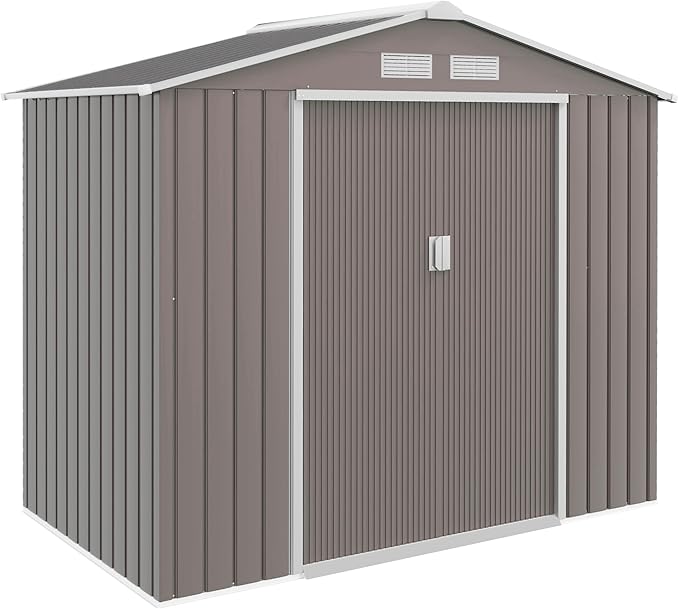 Outsunny 7' x 4' Outdoor Storage Shed, Garden Tool Metal Shed with Foundation Kit, Double Lockable Door, Air Vents and Sloping Roof, for Backyard, Patio, Lawn, Gray