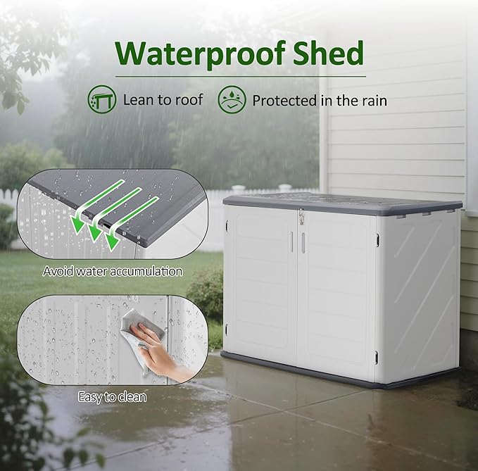 Macrout 25 Cu.Ft Small Plastic Outdoor Storage Cabinet with Shelves, 4.3 x 2.5 ft Waterproof Resin Outdoor Storage Shed with Floor, Lockable Horizontal Shed for Garden and Patio