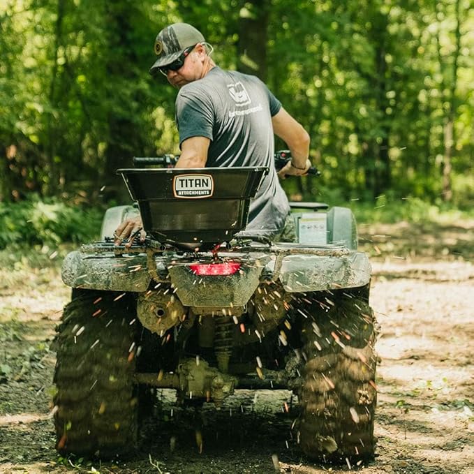 Titan Attachments 12 Volt ATV/UTV Broadcast Spreader, 80 LB Capacity, Back or Front Mounting for ATV, UTV, Or Utility Tractor, Lawn and Garden Seed Spreader with Rain Cover