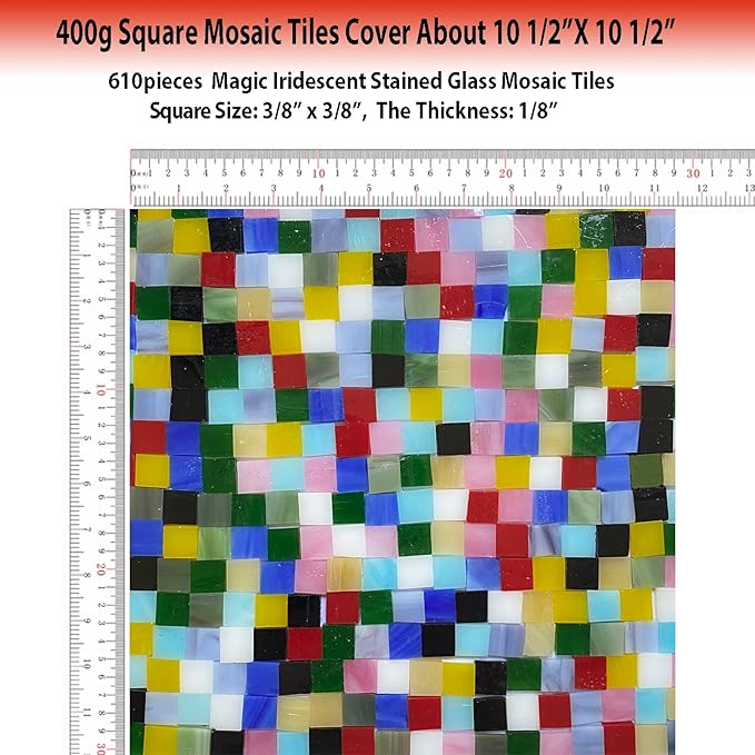 610 Pieces Iridescent Square Glass Mosaic Tiles, Colorful Stained Glass Sheets for Crafts, Stained Glass Supplies, KALUCION Rainbow Mosaic Kit for Adults