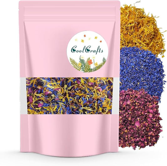 Dried Flower Petals Blend 1oz Natural Dried Rose Petals, Calendula, Cornflower for Cake Decorations, Crafts, Confetti