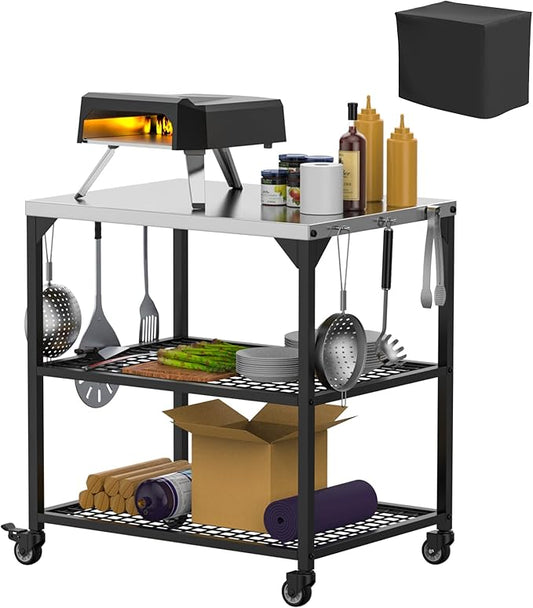 LS'BABQ Pizza Oven Table Cart for Ooni, Ninja Woodfire, Blackstone Grill Stand, Outdoor Grill Cart with Wheels, Stainless Steel Rolling Trolley Kitchen Cooking Food Prep and Work Cart Table with Cover