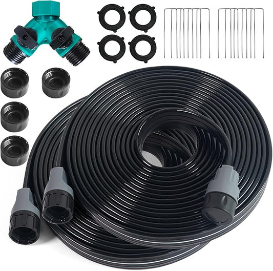 Sprinkler Flat Soaker Hose 50 ft (25 ft 2-pack) with Garden Staples and Splitters, PVC Drip Line Irrigation Hose for Lawn, Garden Beds