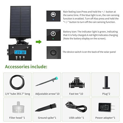 Solar Drip Irrigation System, Automatic Irrigation System for Outdoor Gardening，2200mA Battery and rain Sensing Function,for courtyards, Balconies, Gardens, 10 Potted Plants