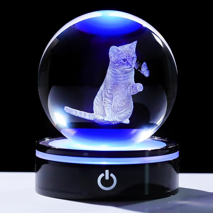 YWHL 3D Crystal Ball Cat Gifts for Women Cat Lover for Christmas Birthday, Laser Cat and Butterfly Figurine with LED Base, Cat Ornament Glass Decorative Ball Globe Night Light for Home Decor (80mm)