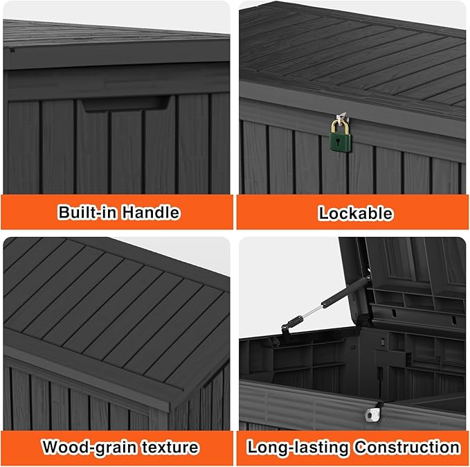 180 Gallon Patio Storage Box - Waterproof Deck Boxes & Outdoor Storage Deck Box, Lockable Resin Chest for Pool/Garden Tools, UV-Resistant, Black