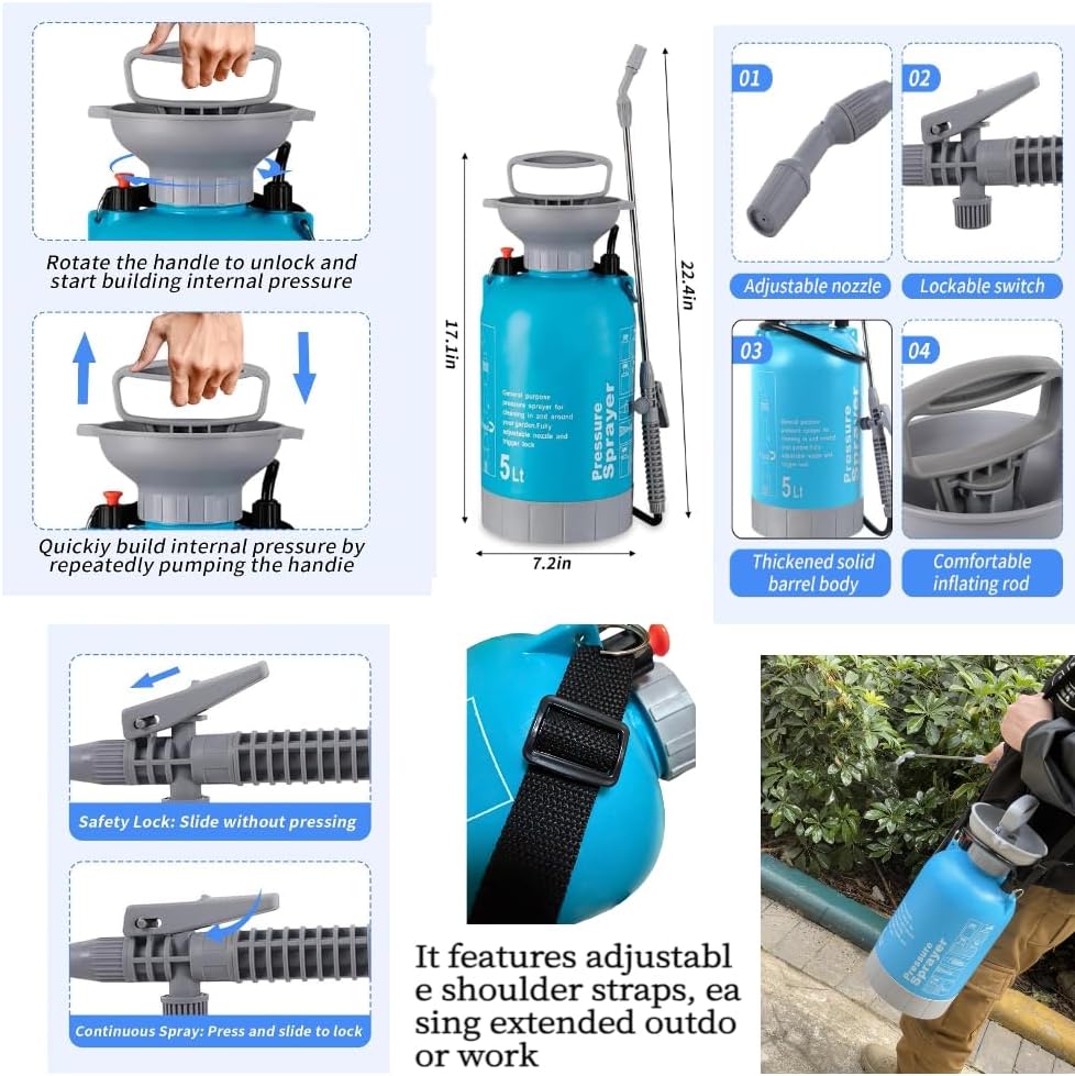 Upgraded Reinforced 1.3 Gallon Pump Pressure Sprayer-Watering for Plants, Weeds Control, Lawn Care with Adjustable Nozzles &Comfort Strap