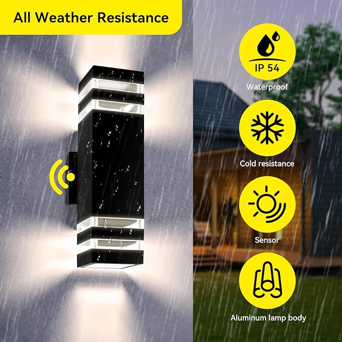 4 Pack LED Up Down Porch Wall Light, Modern Dusk to Dawn Outdoor Lighting, Aluminum IP65 Waterproof Exterior Light Fixture, Square Wall Light Sconce for Patio House