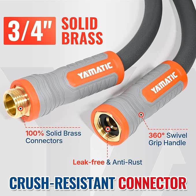 YAMATIC Heavy Duty Garden Hose 5/8 in x 100 ft with Swivel Handle, Super Flexible Water Hose, All-weather, Lightweight, Burst 600 PSI, Grey