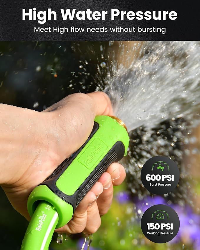 RAINPOINT Garden Hose 25ft - Flexible Heavy Duty Water Hose with Swivel Handle - lightweight, Hybrid Rubber, 5/8", Male to Female