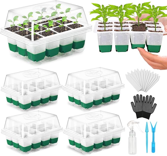 Reusable Seed Starter Tray, 4 Pack Silicone Seed Starter Kit for Starting Plant Seeds with Humidity Adjustable Dome and Lid, Indoor Seed Starting Supplies with Water Spray Bottle for Plants, BPA-Free