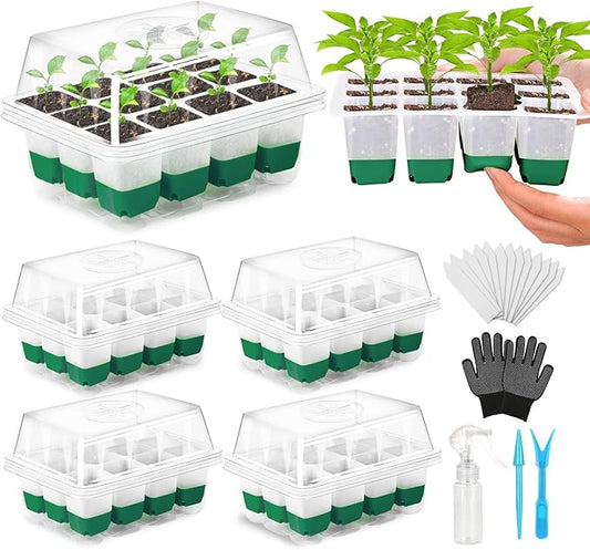 Reusable Seed Starter Tray, 4 Pack Silicone Seed Starter Kit for Starting Plant Seeds with Humidity Adjustable Dome and Lid, Indoor Seed Starting Supplies with Water Spray Bottle for Plants, BPA-Free