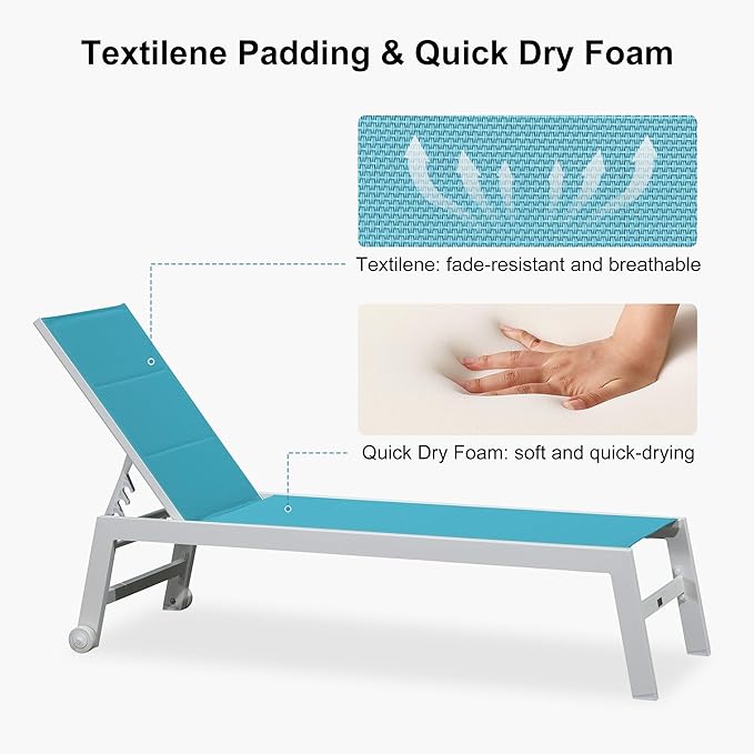 PURPLE LEAF Outdoor Chaise Lounge Set Oversize Adjustable Sunbathing Recliner Extra Wide Lounge Chairs with Side Table for Poolside Beach Outside Patio Aluminum Chaise Lounger Blue 2 Sets