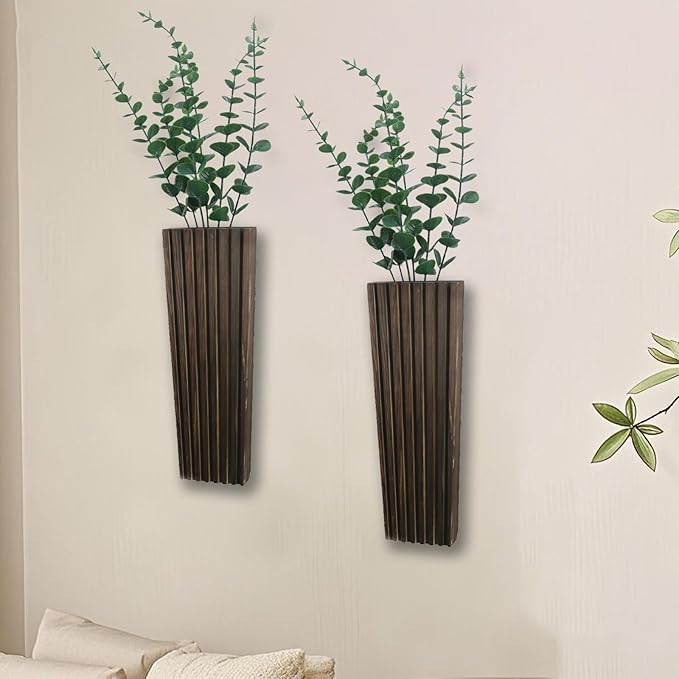 2Pack Brown Wood Wall Planter for Indoor +2Pack Green Plants,Modern Wooden Hanging Planter for Dried Flowers and Plants,Abstract Vase Farmhouse Wood Wall Decor (Brown)