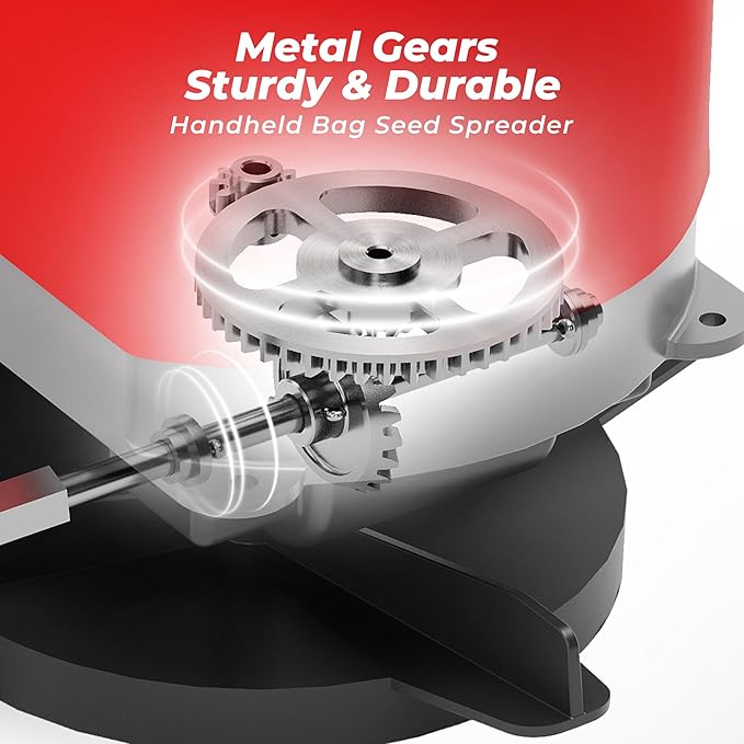 Walensee Handheld Seed Spreader with 25lb Bag, Frame Support, Flow Control, Enclosed Gears, Rear Baffle, Adjustable Strap & Goggles – Bag Seeder for Lawn and Garden, Red