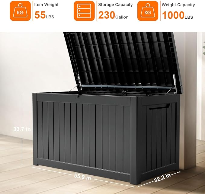 XXL 230 Gallon Large Resin Deck Box, Outdoor Lockable Storage Box for Patio Cushions Storage Furniture, Pool Supplies, Garden Tools, Weatherproof and UV Resistant- Black (230 Gallon)