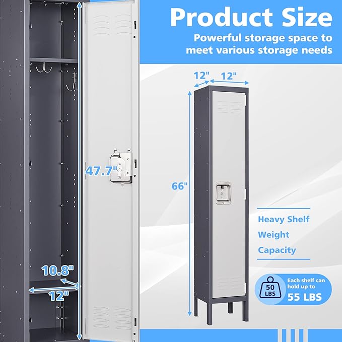 Letaya Locker,1 Door Employees Storage Metal Lockers 66" Lockable Steel Cabinet for School Gym Home Office Staff (1 Door)