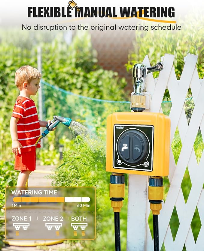 RAINPOINT WiFi Water Timer with Brass Inlet & Outlet，2 Zone WiFi Hose Timer for Lawn,WiFi Sprinkler Controller via APP/Voice Control,Automatic Watering System by Time/Weather/Quantity/Soil Moisture