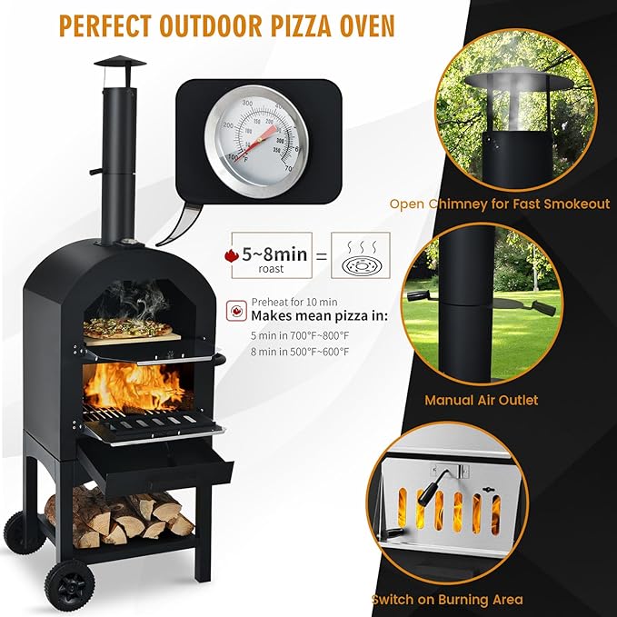 Happygrill Outdoor Pizza Oven Wood Fired, Portable Pizza Maker Grill w/Stone, Peel, Cooking Grids, Built-in Thermometer, Waterproof Cover, Wheels for Barbecue Backyard Camping