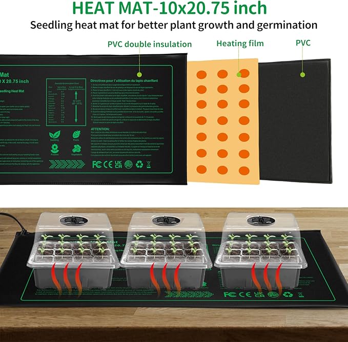 NAMOTEK 5 Pack Seed Starter Tray with Heat Mat and Grow Light Humidity Domes, 60 Cell Trays Germination Station Cloning Kit