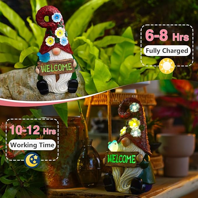 Welcome Gnome Solar Statue Decor for Yard Decorations - 10 Inch Gnome Statue Decor for Outdoor,Perfect Garden Gifts for Women,Mom