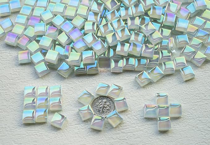 335pcs Crystal White Iridescent Mosaic Tiles, 0.4' Mini Square Glass Tiles for Mosaic Craft, 300G Smooth Edge Glass Pieces for Mosaic Making Supplies