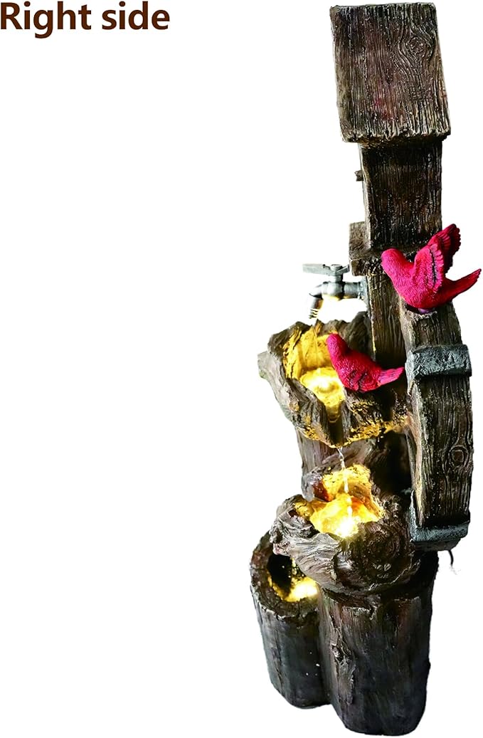 Decorative Garden Birdhouse Three Tier Water Fountain Outdoor with LED Lights and Water Wheel