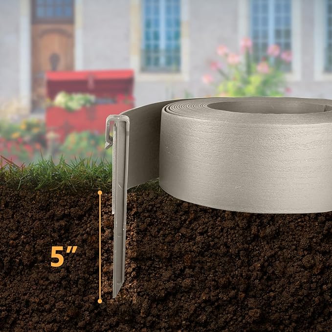 Landscape Edging Kit, Include 4 Inch High 40 Feet Length Terrace Board, 20 Durable Spikes, Edging Pruning Shear, Rubber Mallet Hammer, Gray