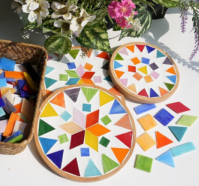 Lanyani Large Glass Tiles for Mosaic Crafts, 1.3 Pounds/250 Pieces Bright Opaque Stained Glass Tiles, Colorful Mosaic Tiles Pieces for Mosaic DIY Hobbies Home Decor, Versatile 4 Shapes Mixed