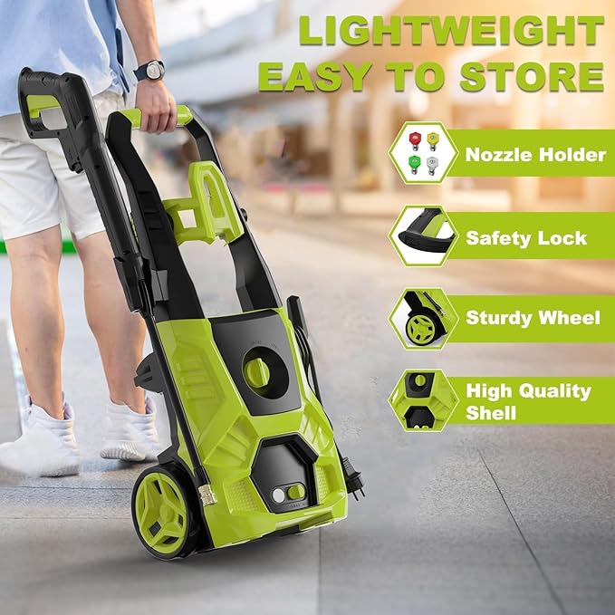 Pressure Washer, 5000PSI Max 3.6GPM with Foam Cannon 35FT Power Cord 4 Nozzles for Cars, Green