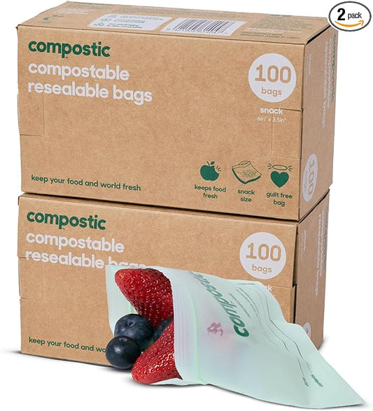 Home Compostable Resealable Snack Bags (6"x 3.5"), Microwave & Freezer Safe, Organic Food Storage Container, 100 Count (Pack of 2)