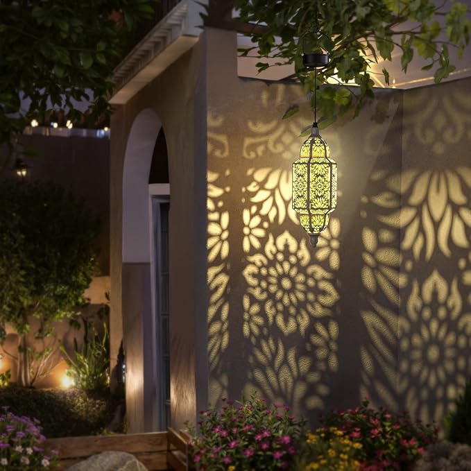 Twinkya 2 Pack Hanging Solar Lights Outdoor Garden Decorative Solar Lantern Waterproof Metal Moroccan Outdoor Decorations for Patio Pathway Yard Porch Backyard Garden Decor (White, 2 Pack)