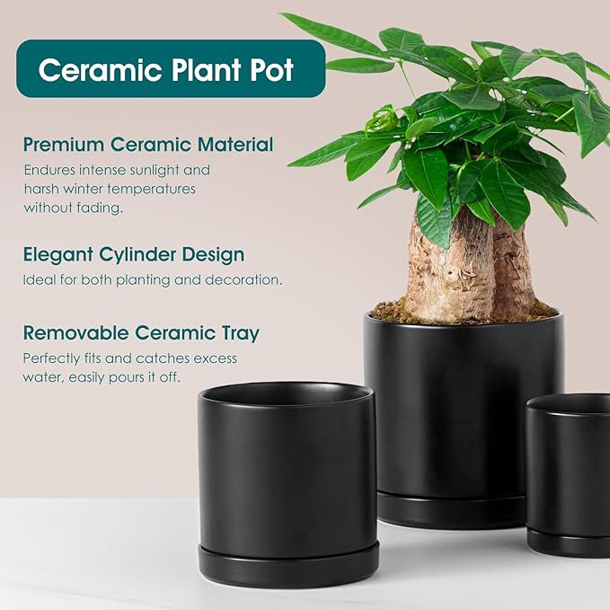 vancasso Ceramic Plant Pots, 3 Piece Planters for Indoor Plants, 4.25+5.25+6.25 Inch Flower Pots with Drainage, Plant Pots Indoor for Succulent, Pothos, Snake Plant and Money Tree, Etc (Black)