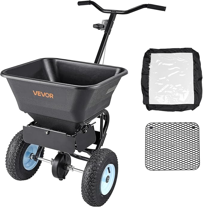VEVOR Broadcast Spreader, 100LBS4Capacity, Walk-Behind Push Spreader, 0-9.8ft Spreading Width, 13 in All Terrain Pneumatic Tires, Lawn Spreaders with Hopper Grate, for Seed, Fertilizer, Salt, Ice Melt
