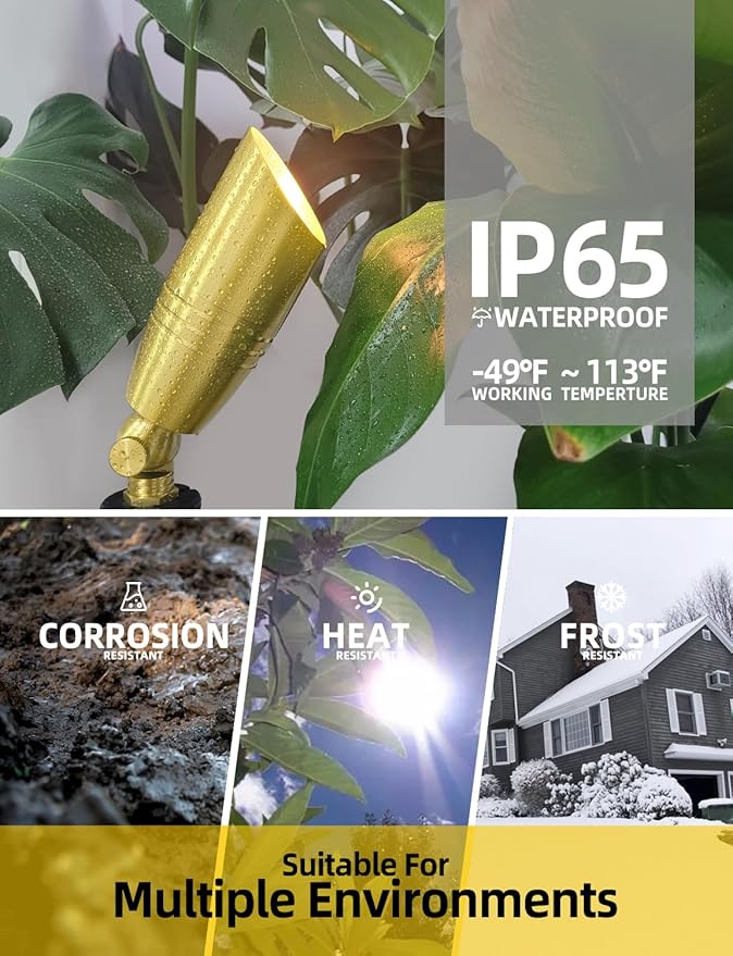 COLOER Die-cast Brass Landscape Spotlight 10-Pack with 5W Aluminum Housing LED MR16 Bulb,12V AC/DC Low Voltage Copper Outdoor Lighting, Directional Garden Patio Spot Up Light (102B Brass Finish)
