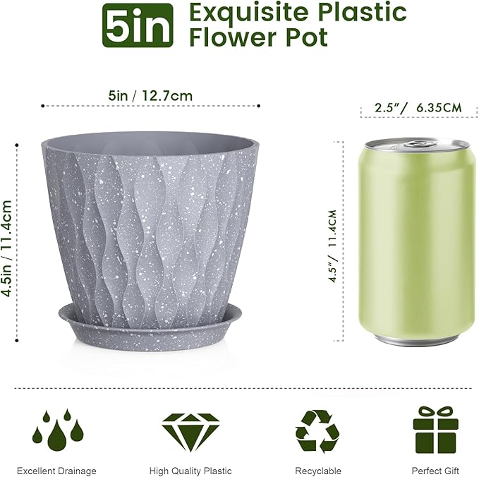 5 inch Plant Pots for Indoor Outdoor Plants, 6 Pack Thick Flower Pots with Drainage Holes and Saucers, 3D Modern Wave Texture Small Plastic Planters Nursery Pots, Speckled Grey
