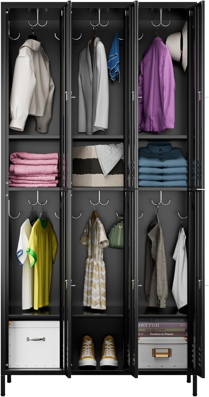 6 Doors Metal Lockers for Employees with 6 Shelves and 18 Hooks, Storage Locker with Business Card Holder for Office Gym School Bedroom, Assembly Required, Black