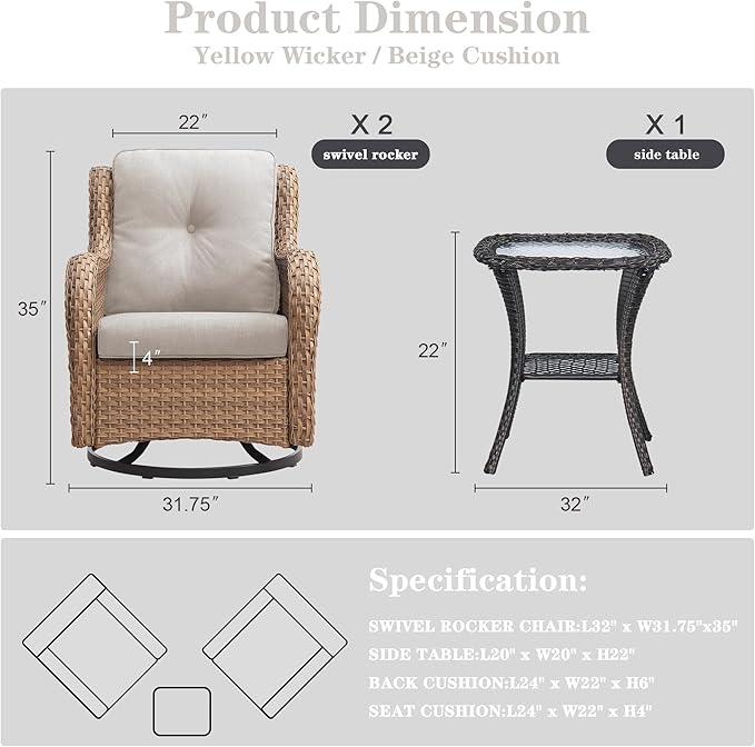 Outdoor Swivel Rocker Patio Chairs - 360 Degree Swivel Glider Seating 350LBS Weight Capacity 3 Piece Wicker Rocking Chairs Set with Side Table for Porch Balcony Deck, Yellow/Beige