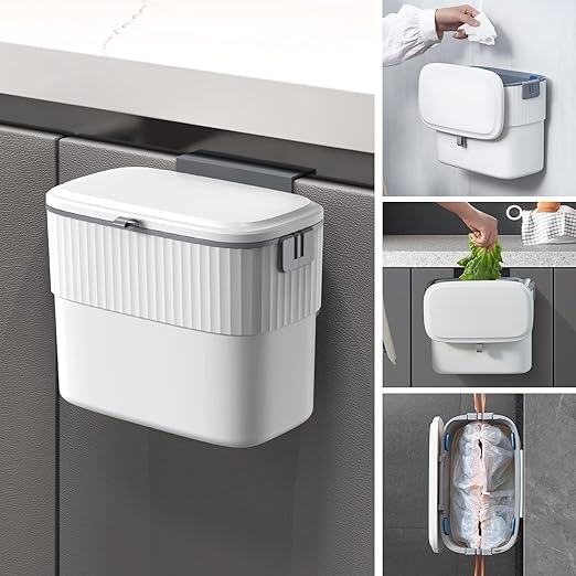 ELPHECO Kitchen Compost Bin with Lid 1.8 Gallon Hanging Trash Can with Lid, 7 Liter Wall-Mounted Garbage Can for Kitchen Cabinet Door, Small Under Sink Trash Can for Cupboard, Bathroom, Office