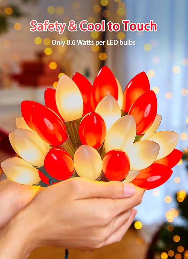 Vintage C9 LED Christmas Lights Outdoor, 50 Feet C9 String Lights with 50 Shatterproof Matte Bulbs, Connectable Waterproof Lights for Holiday Party Roofline Backyard Garden Patio, R & Warm White