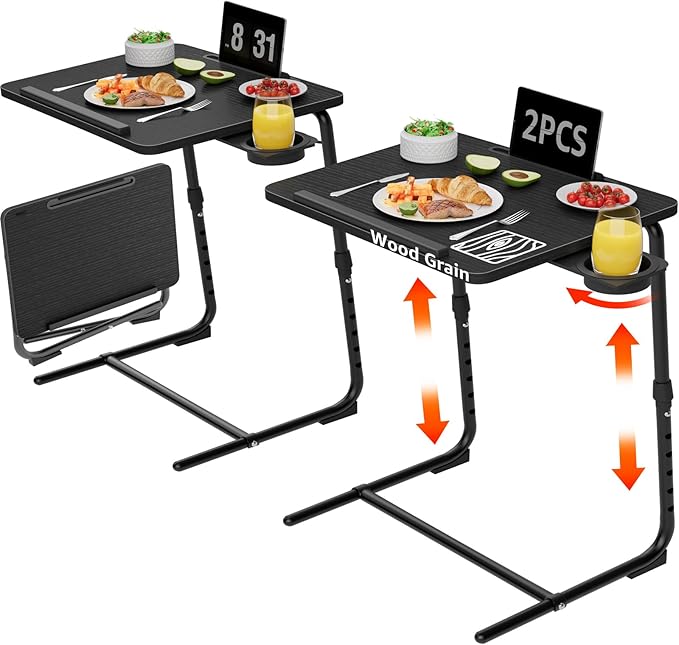 TV Trays Set of 2 - Folding TV Tray Adjustable Dinner Trays for Eating On Couch Wooden Tables Mate Stand Foldable Black Desk with Cup Holder Portable
