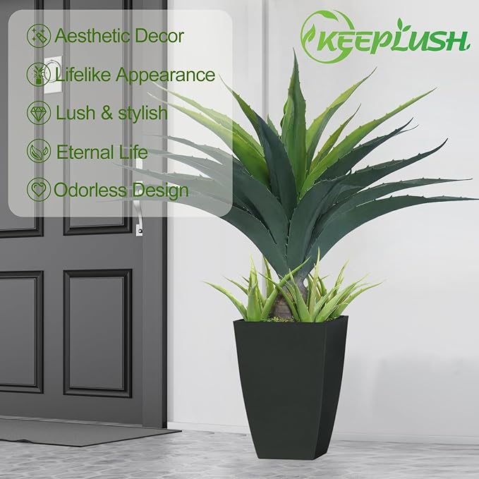 Artificial Spiked Agave Plant 2.5ft, 30 Inch Tall Fake Aloe Vera Plants in Black Pot, Fake Floor Plant Indoor Outdoor for Front Porch Patio Home Office Door Step Decor 1PCS