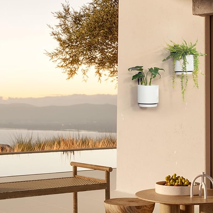 Wall Mounted Hanging Planter Vase & Geometric Wall Decor Polypropylene Container - Dia.5.91" - Sylinder Shape, White, Set of 2