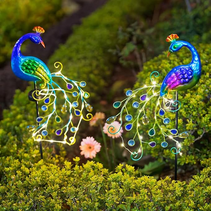 DREAMSOUL 2 Pack Peacock Solar Lights Outdoor, Waterproof Metal Peacock Outdoor Solar Lights for Yards Pathway Lawn Decoration Peacock Gifts