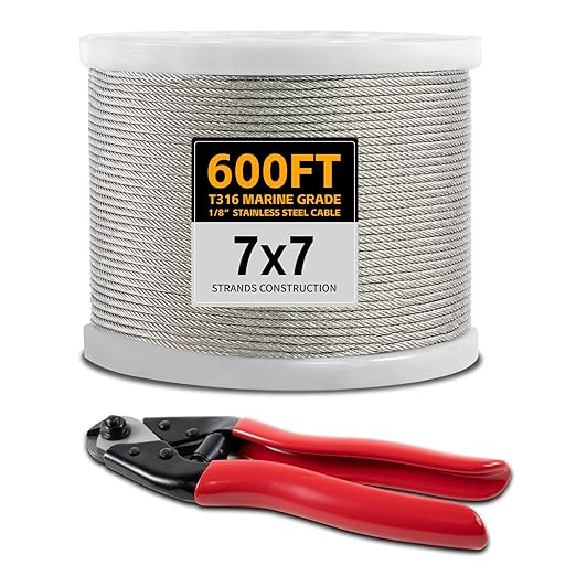 600FT 1/8" Stainless Steel Cable Wire Rope with Cutter, Cable for Deck Railing, 1800 lb Breaking Strength 7x7 Strands, T316 Aircraft Cable for Stair, Fence, Porch
