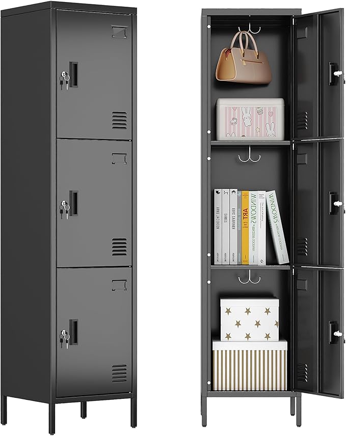 METAN Metal Storage Employees Lockers with 3 Lockable Doors and Hooks,66''H*16''W*16''D Locking Storage Cabinets for Small Spaces,Home,School,Gym,Assembly Required,Black